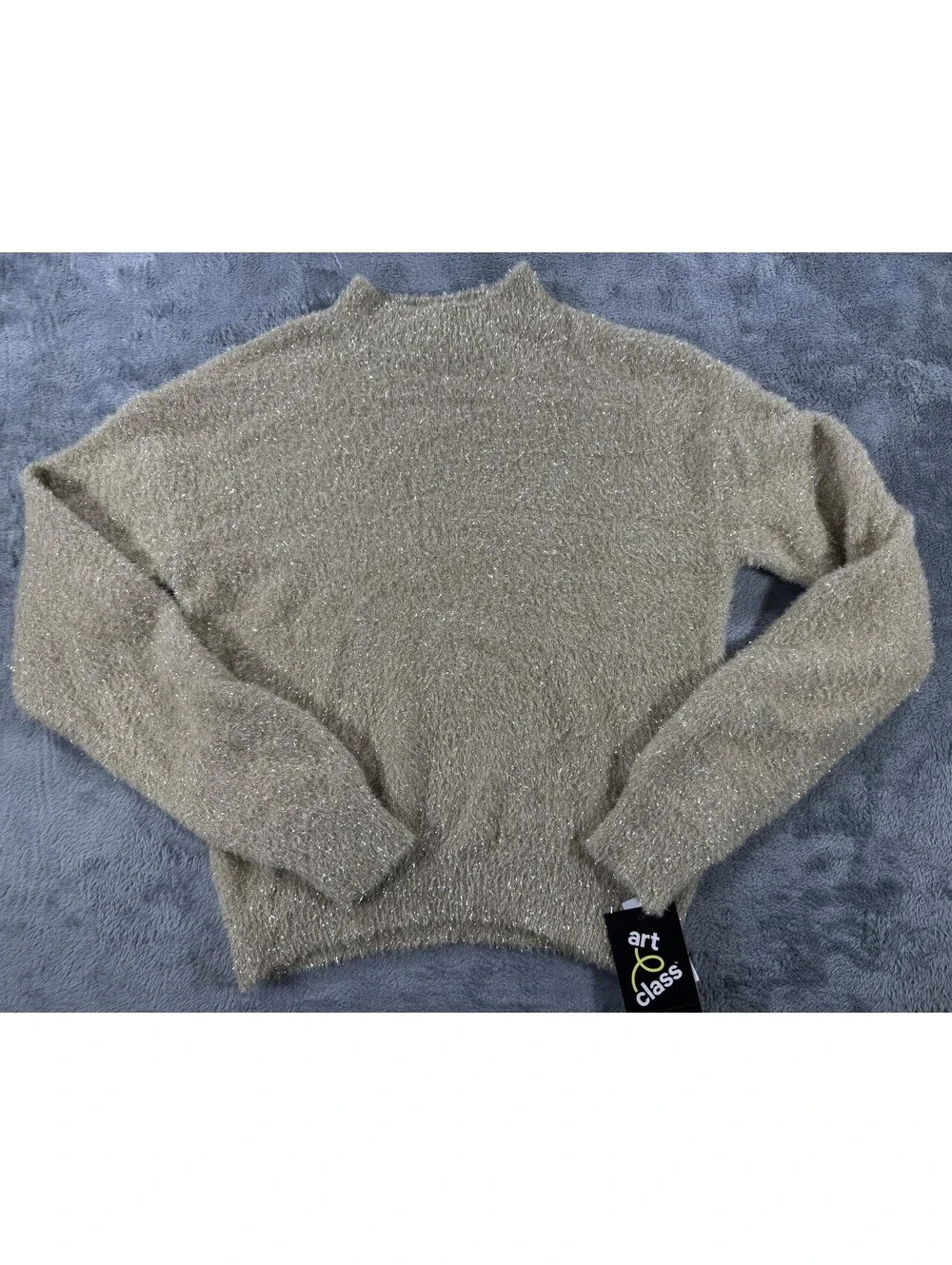 Art Class Long Sleeve Cropped Fuzzy Sweater Large 10/12 Gold Metallic Finish NWT